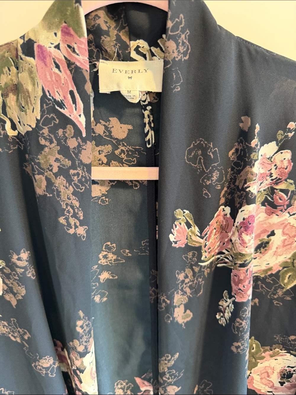Everly Navy Floral Open Front Jacket with Pink and Green Accents